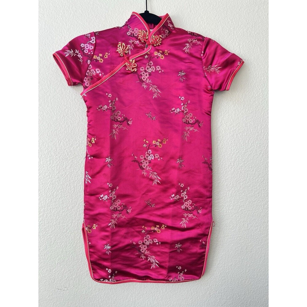 Vintage Double Peach Girls Fuchsia Pink Floral Qipao Cheongsam Dress Size 8
